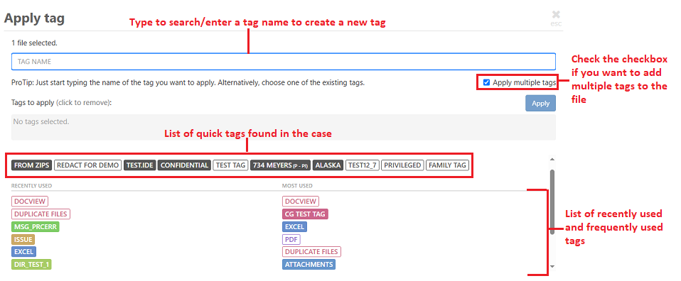 Select a tag from the list or by searching