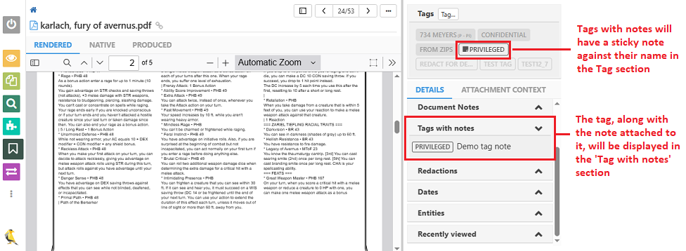 All tags with their corresponding notes can be seen in the doc view