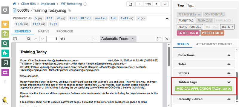 Hidden tags assigned to a file can be seen in the hidden tags section of the right panel