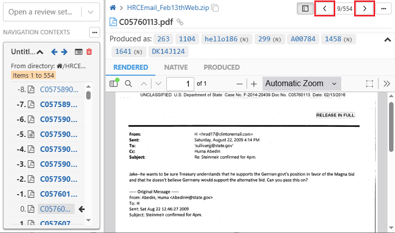 Cycle through documents by using the forward and backward arrow button in the document viewer