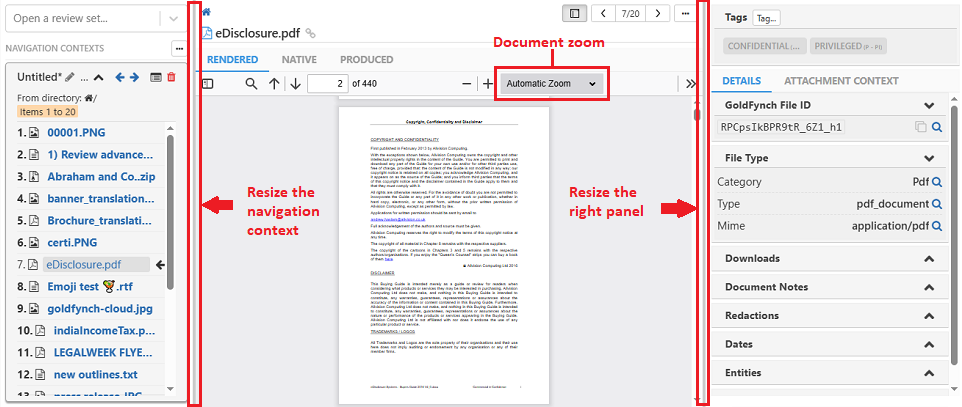 Resize the document viewing area by pulling the grey lines on either side