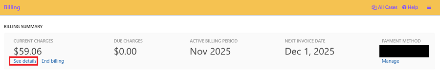 Click on See Details in the header to view billing details for the current month
