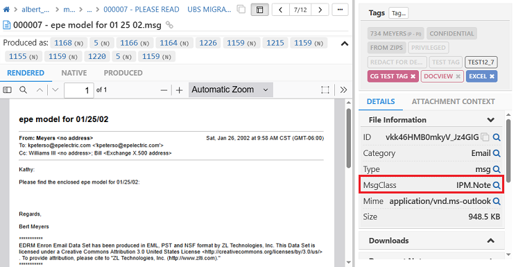 View the message class from the file information section in the right panel