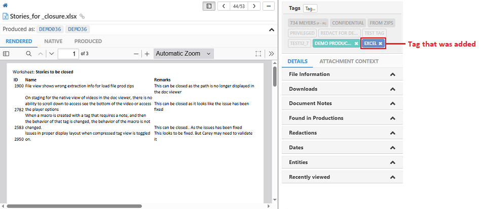 Applied tag can be viewed in the tag section of the doc viewer