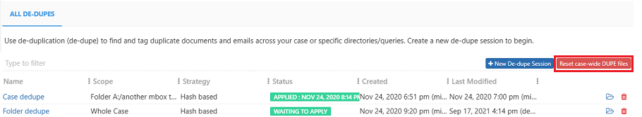 Click on the reset case-wide DUPE files button