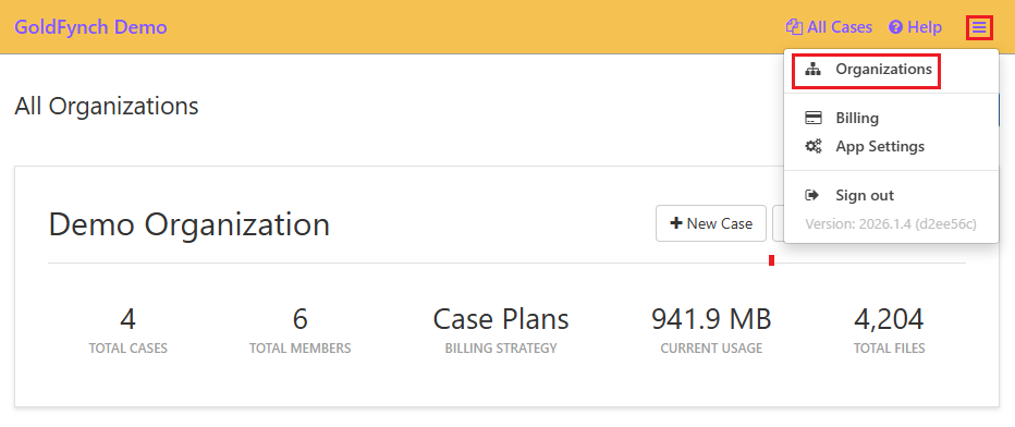 Click on the organization option from the top-right corner meu to navigate to the organization page