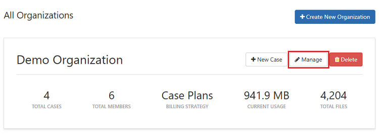 Click on Manage to view the Organization details