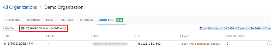Check the checkbox to only view Org level events