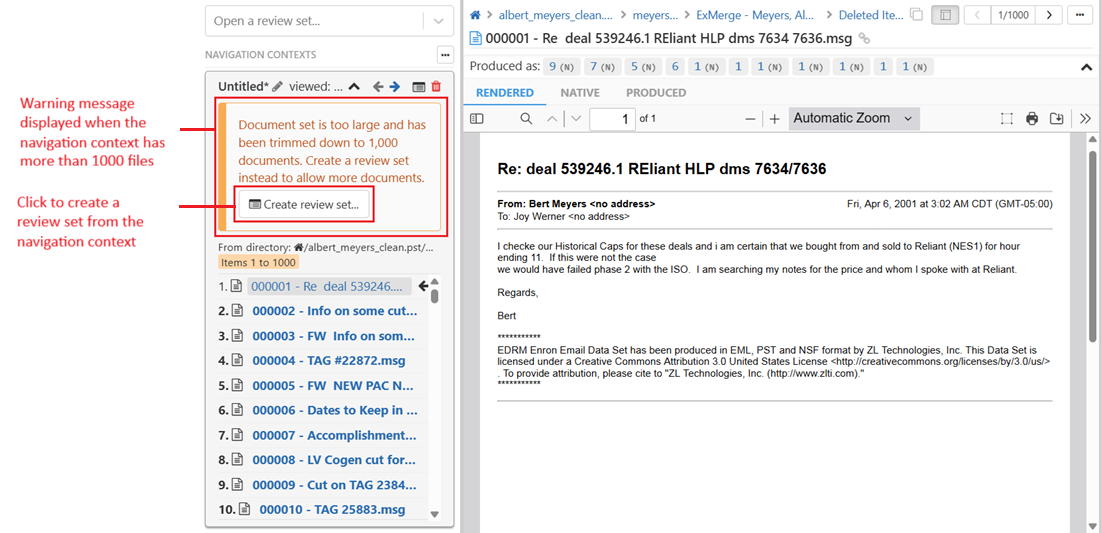 Click on the create review set button to create a review set from the navigation context