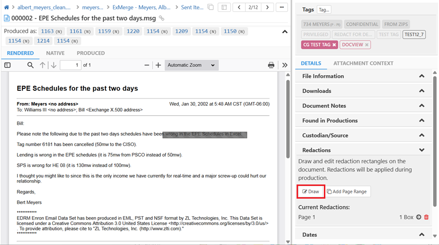 Click on Draw to start drawing redaction boxes in the document