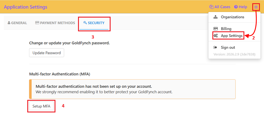 Navigate to the security tab under App Settings to Setup MFA