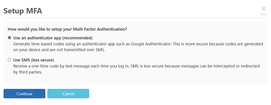 Choose an MFA option and click on continue to proceed with the setup