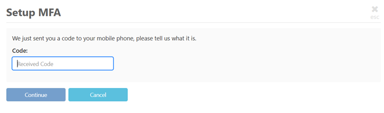 Enter the verification code and click on continue