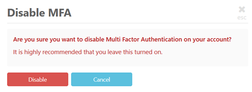 Click on disable to confirm disabling of MFA