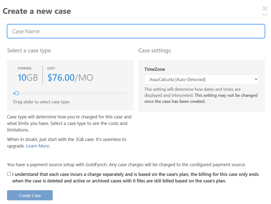 Enter name, select case type, time zone and create case