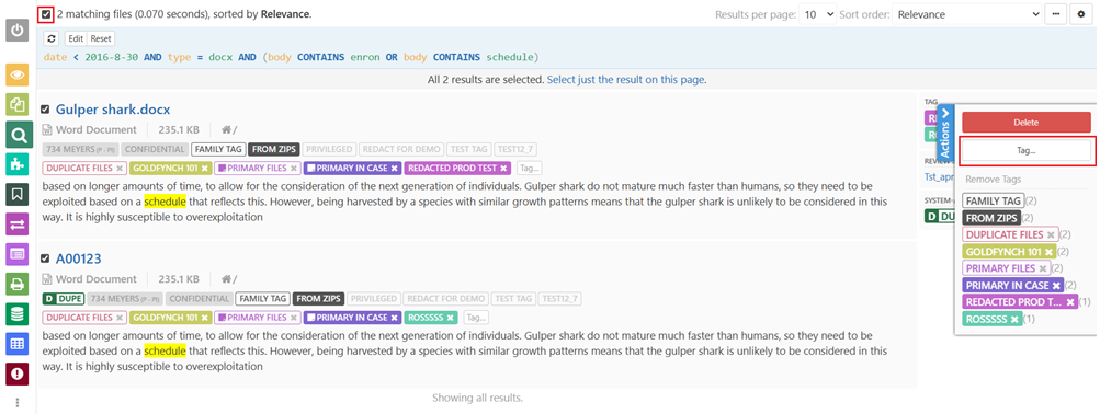 Select search results and click on Tag