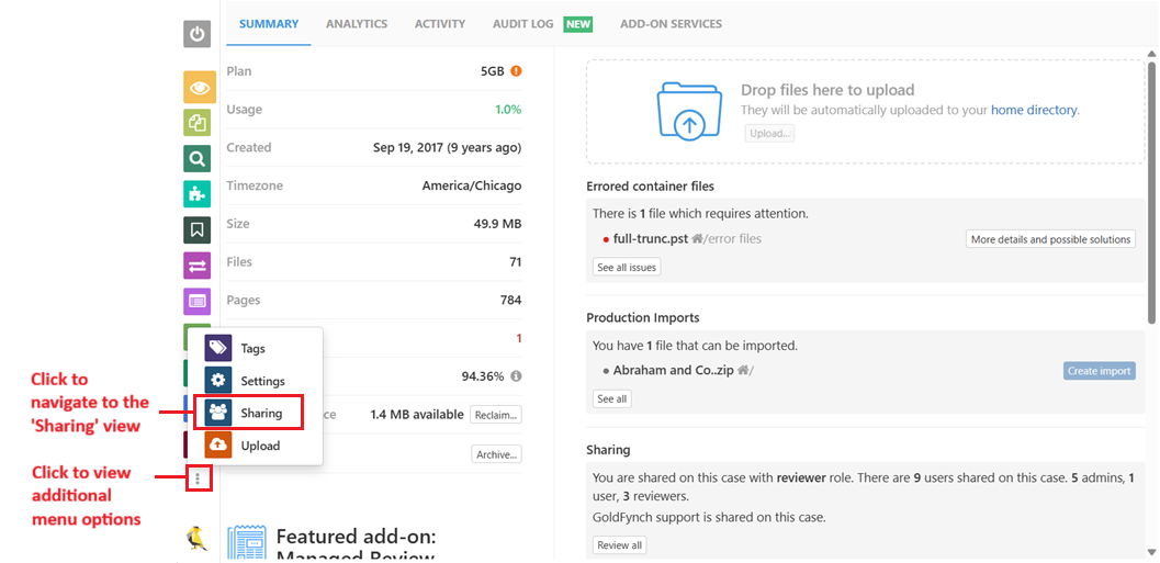 Click on the sharing icon to navigate to the 'Sharing' view