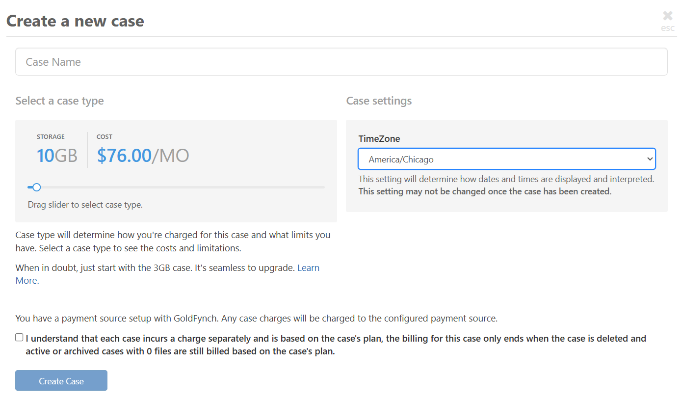 Enter the case name, select the case type and time zone and click on create case