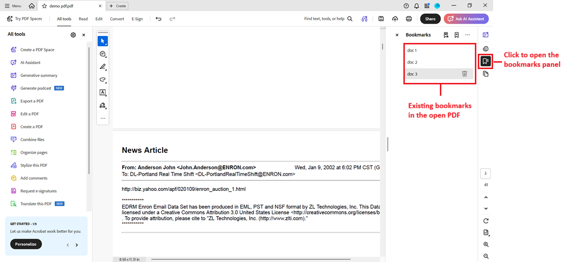 Click on the bookmark icon to view existing bookmarks