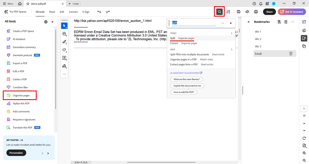 Click on Organize pages in the toolbar or search for split