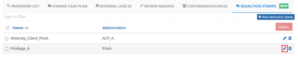 Click on the edit icon to edit a redaction stamp