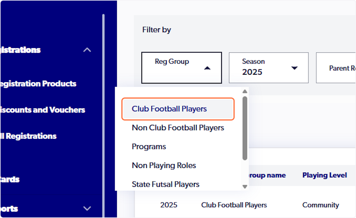 Select the registration group