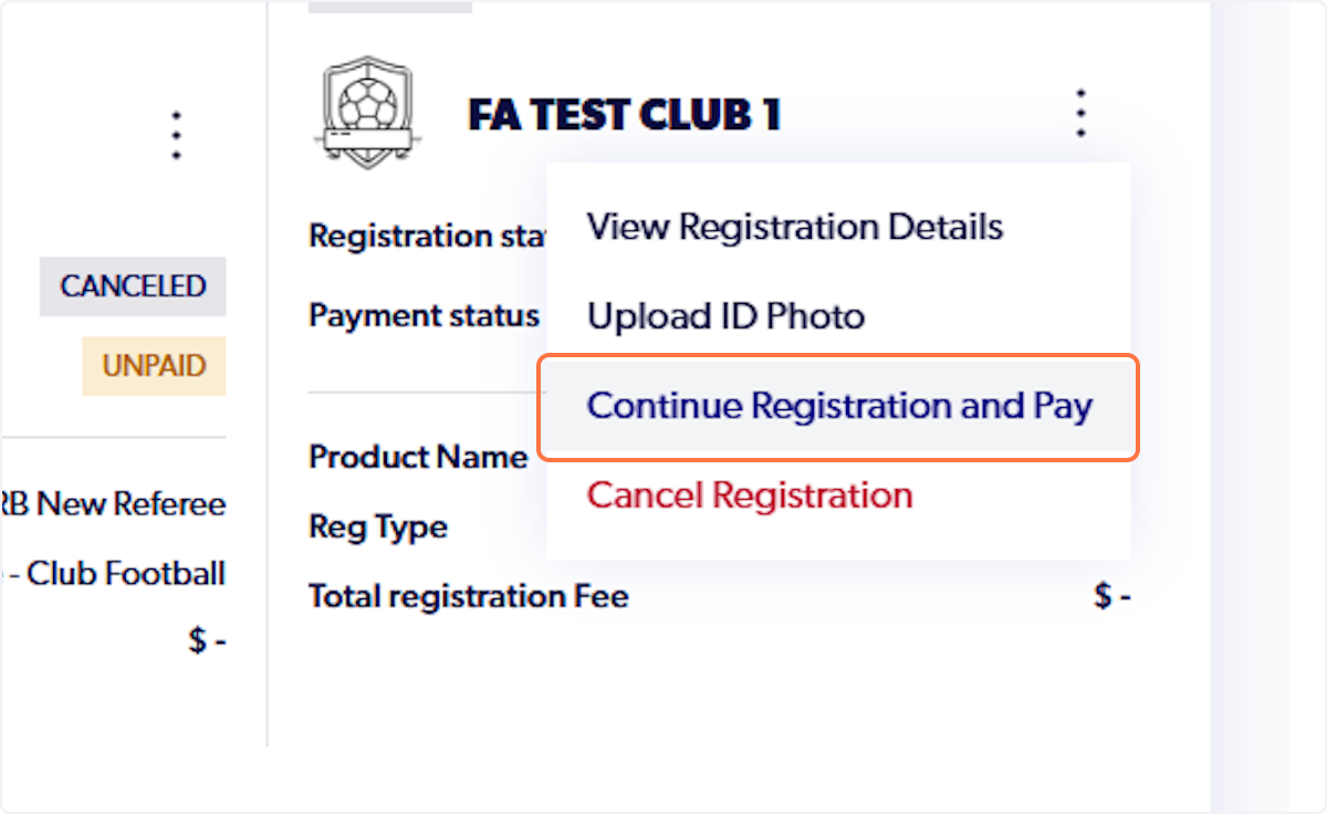 Click on Continue Registration and Pay