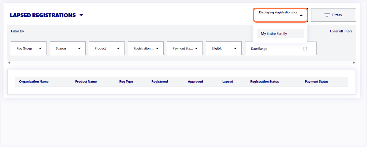 Select Displaying Registrations for to refine which participant you are viewing Lapsed registrations for