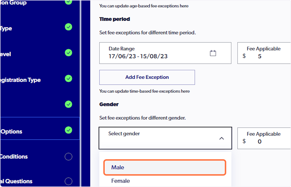 Select the gender required for the reg-type