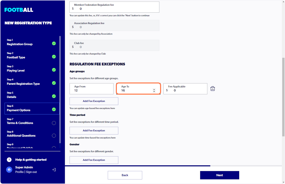Set relevant fee for age groups
