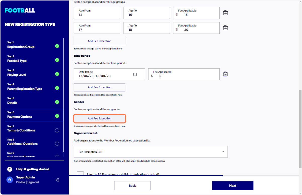 Click on "Add Fee Exception"