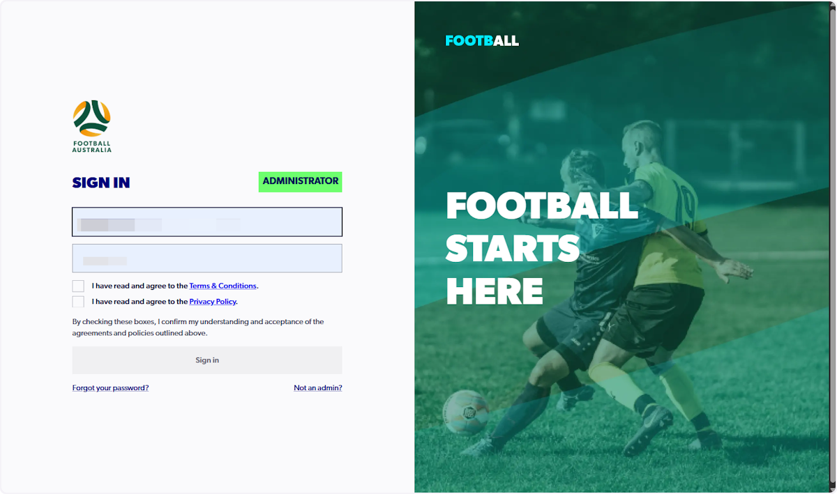 Login to PlayFootball as an administrator - 