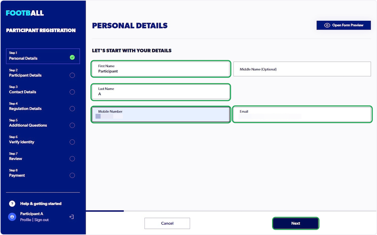 Enter the appropriate details for the Primary Account holder (This may be the parent) and Click On "Next"