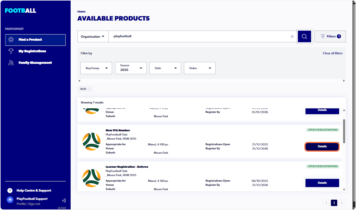 Locate the correct and most appropriate registration product and Click On "Details"