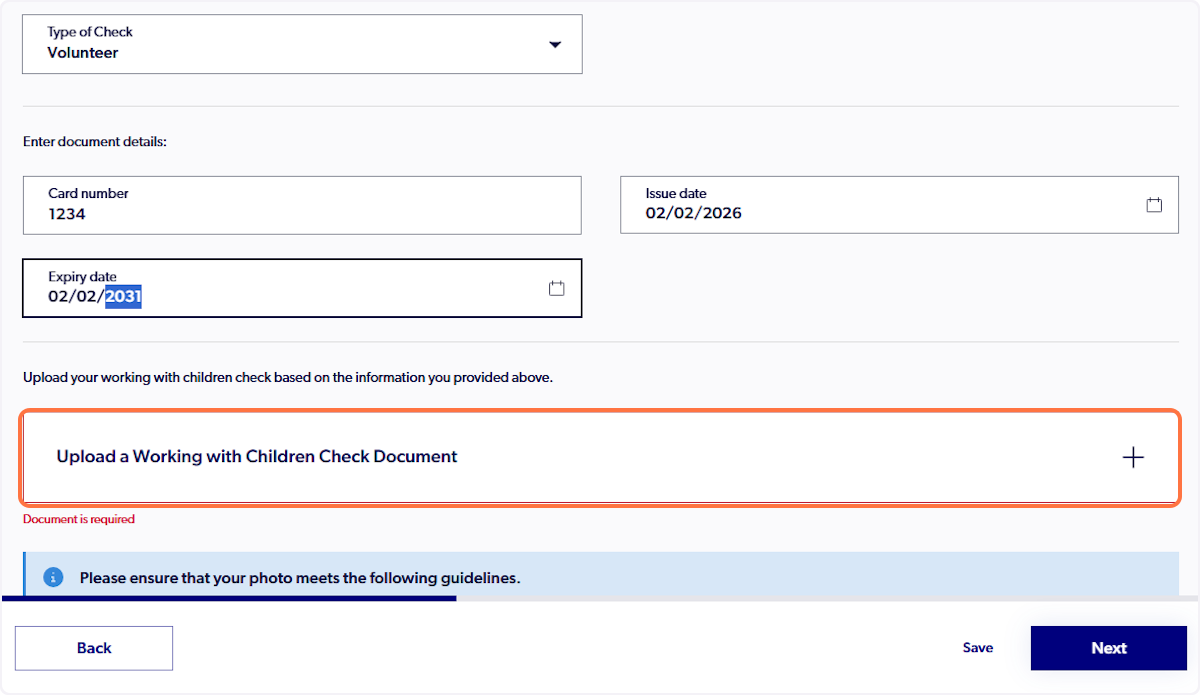 Click on Upload a Working with Children Check Document
