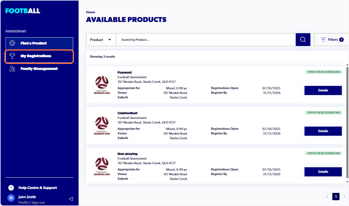 Click on My Registrations