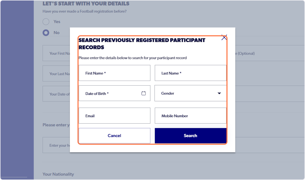 Search for correct participant record to link (Only use First Name, last name & DOB)