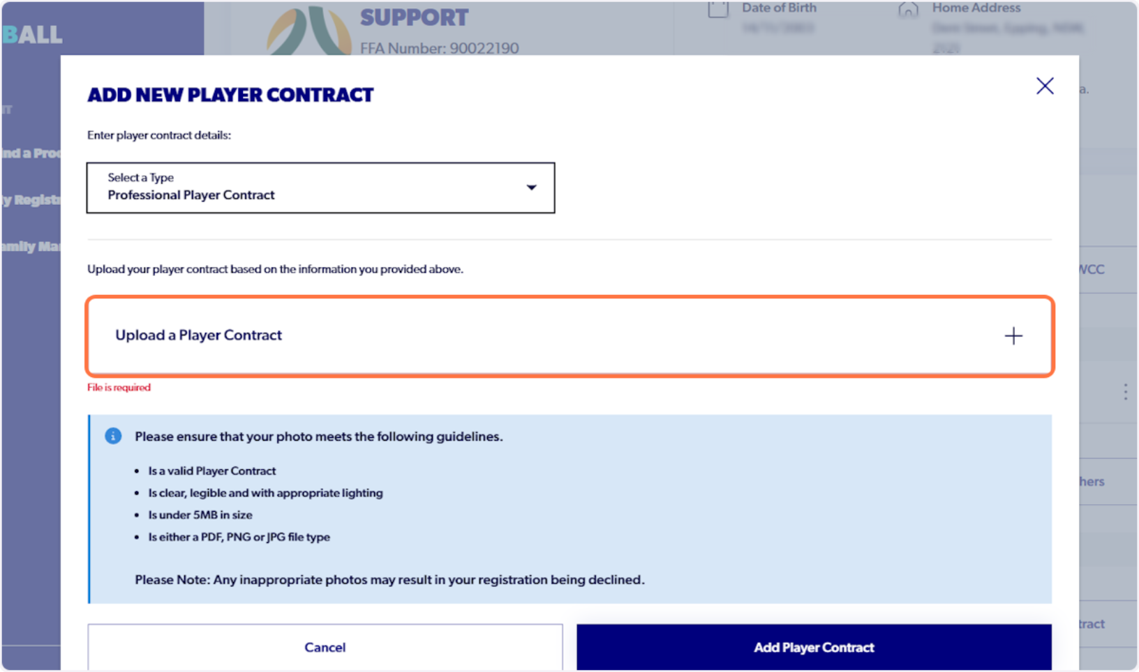 Click on Upload a Player Contract