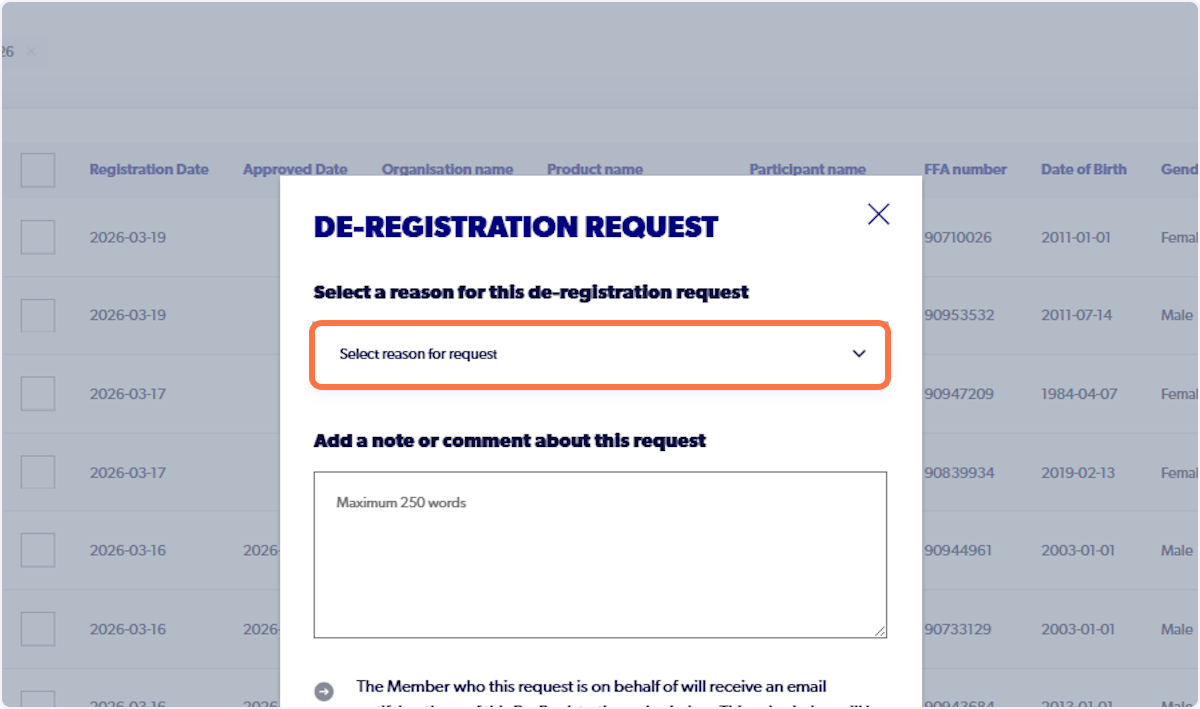 Select the reason for de-registration