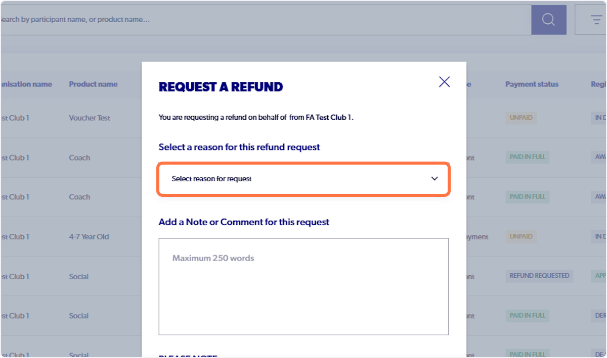 Select a reason for the refund request