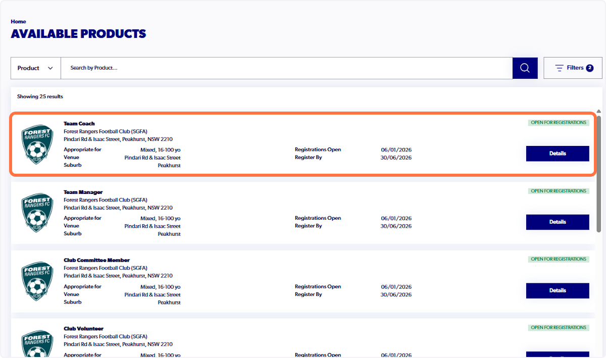 Click on Details of the coach product