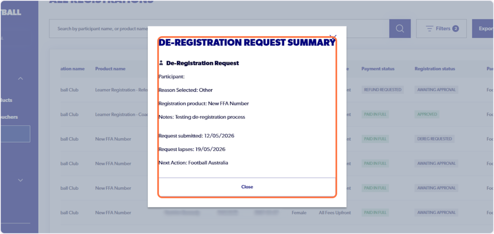 Click on de-registration request summary…