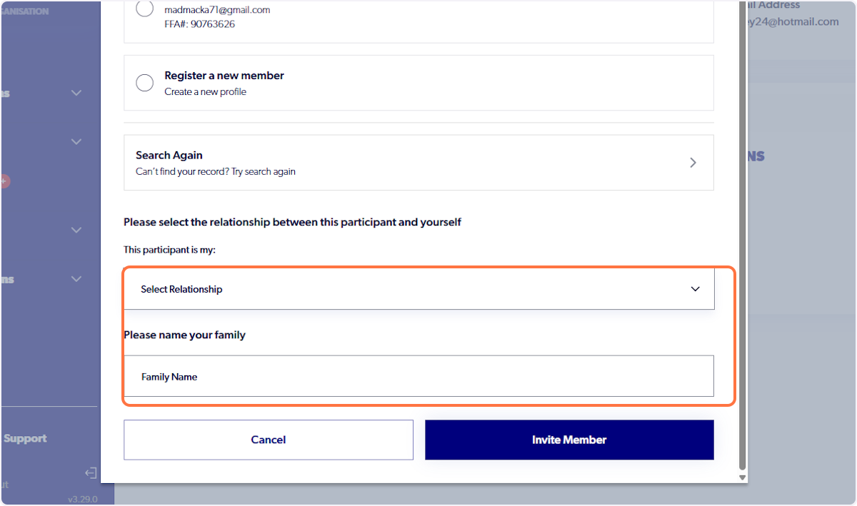 Select relevant relationship and input name for family