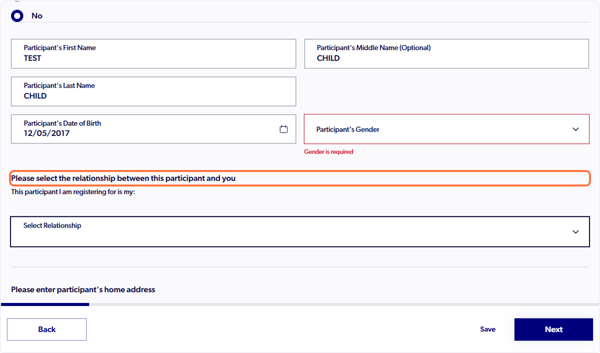 Click on Please select the relationship between this participant and you