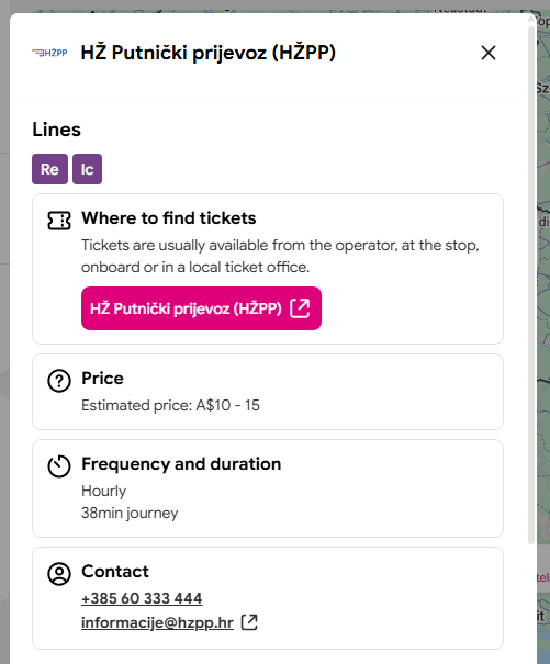 Operator information on the Rome2Rio desktop website