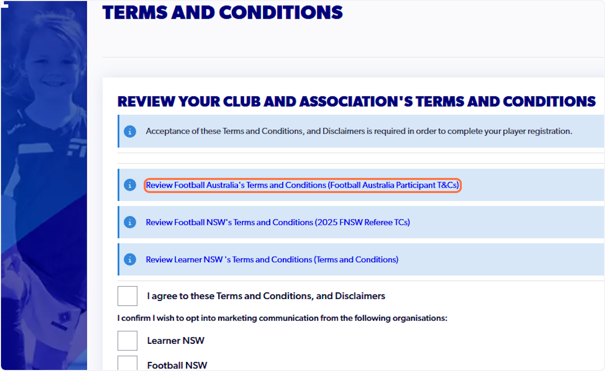 Click on Review Football Australia's Terms and Conditions
