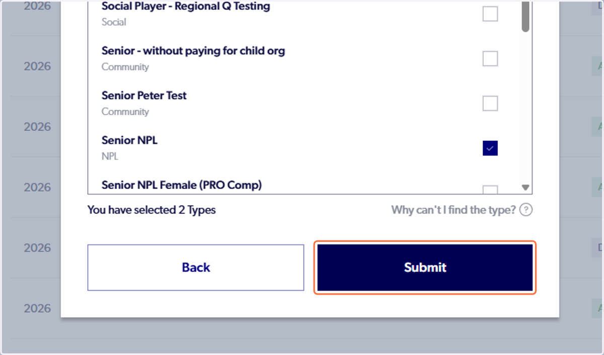 Select Registration Types/Products to roll over and select submit