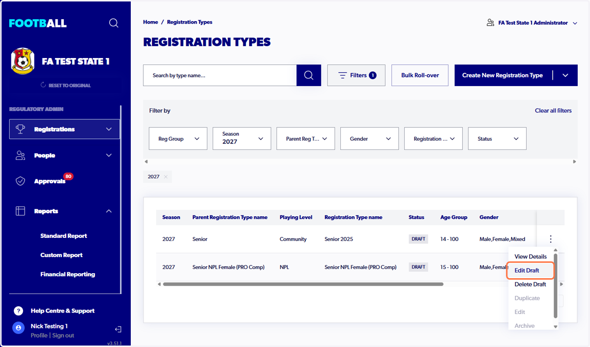 Click on Edit Draft to submit Registration Type/Product