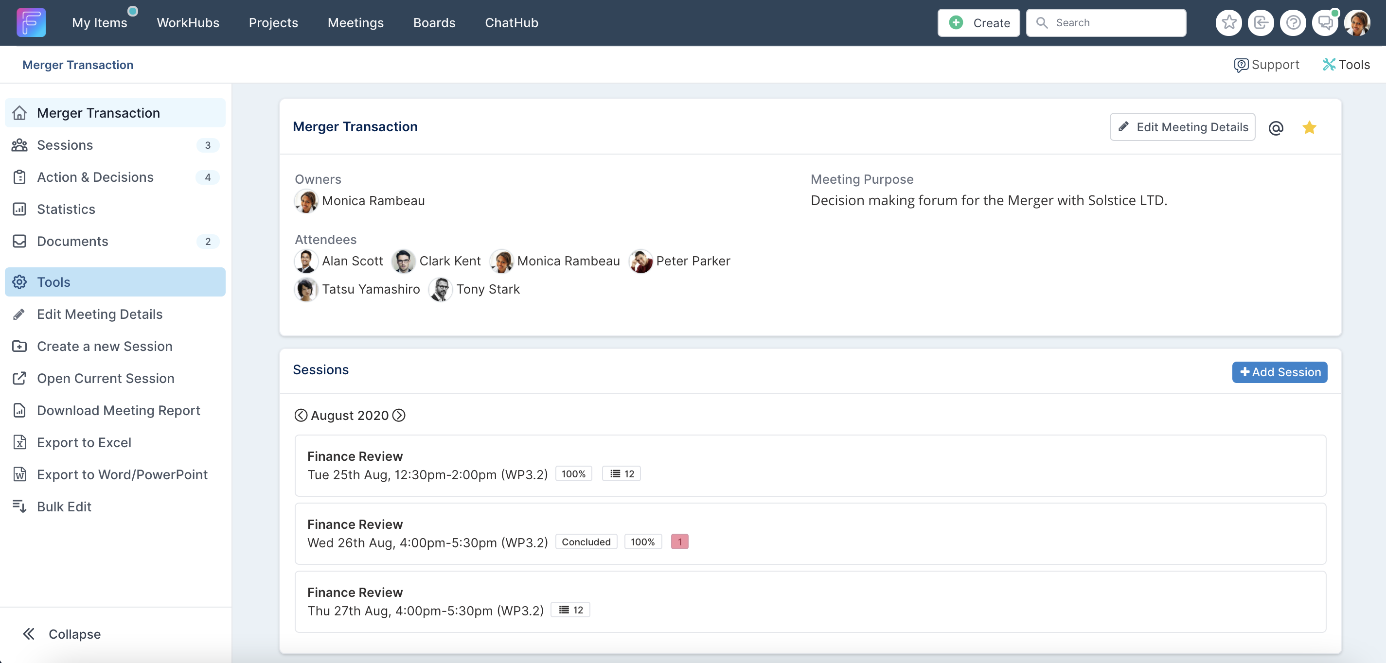 The Meeting Dashboard Fluid.Work Support