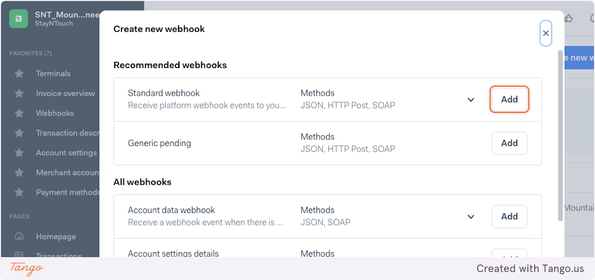 Click on Add by Standard webhook